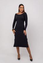 Vestido Midi M/L Decote Canoa Canelado Preto Salvatore