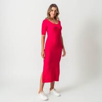 Vestido Midi Malha Canelada Manga Curta Pink Love