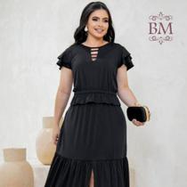Vestido Midi, Malha Fluity, Preto, Fenda Frontal, Cintura Elástico e Babado, Gola Detalhes V, Criss. BM1346P Tam U P/GG