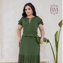 Vestido Midi, Malha Fluity, Verde, Fenda Frontal, Cintura Elástico e Babado, Gola Detalhes V, Criss. BM1346V Tam U P/GG