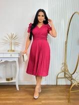 Vestido Midi Malha Lese com Babado Plissado Moda Evangélica