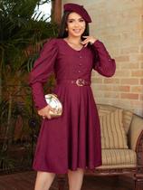 Vestido Midi Malha Lese Manga Longa Soltinha com Cinto Elegante de Festa Convidada Cor:MarsalaTamanho:M