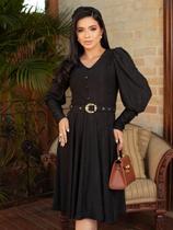 Vestido Midi Malha Lese Manga Longa Soltinha com Cinto Elegante de Festa Convidada Cor:PretoTamanho:GG