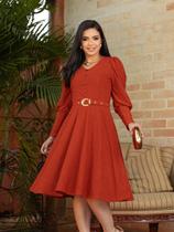 Vestido Midi Malha Lese Manga Longa Soltinha com Cinto Elegante de Festa Convidada Cor:TerracotaTamanho:GG