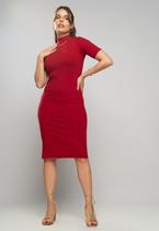 Vestido Midi Manga Curta Canelado Vermelho Salvatore