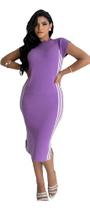 Vestido Midi Manga Curta Moda Feminina Fenda e Listras Lateral