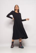 Vestido Midi Manga Longa Com Babado Malha Preto Salvatore