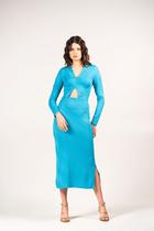 Vestido Midi Manga Longa Detalhe Decote Flow - Azul Vivid