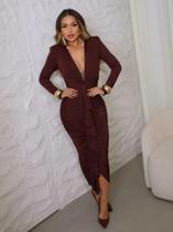 Vestido Midi Manga Longa Drapeado com Babado