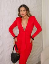 Vestido Midi Manga Longa Drapeado com Babado