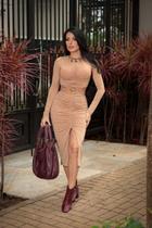 Vestido Midi Manga Longa Plissado Frente E Costas Modelador