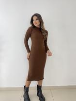 Vestido Midi Manga Longa Toda Casual Malha Canelado Com Fenda Lateral Cobre