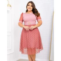 Vestido Mídi Manga Princesa tule Poa Forrado Canelado com Cinto no Meio Moda Evangélica