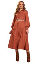 Vestido midi marrom chemise manga longa fascinius
