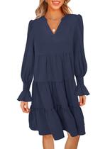 Vestido midi MEROKEETY feminino 2024 com decote em V e manga comprida azul marinho