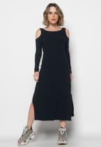 Vestido Midi Ombro Vazado Manga Longa Canelado Preto Salvatore Fashion