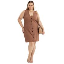 Vestido Midi Over Regata Decote V e Botões Abrem Ribana Anarruga Canelada Moda Plus Size Primavera Verão 41524A