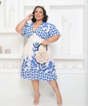 Vestido mídi Paula em viscolinho forrado estampado barrado plus size disponível do G1 ao G3