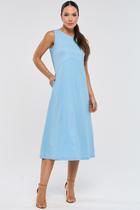 Vestido Midi PKS Com Bolsos Linho Azul Vestido Midi PKS Com Bolsos Linho Azul