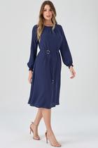 Vestido Midi PKS Com Cinto Azul Marinho