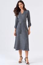 Vestido Midi PKS Com Cinto Cinza Vestido Midi PKS Com Cinto Cinza