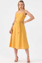 Vestido Midi PKS Viscose Com Cinto Mostarda