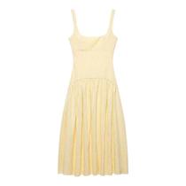 Vestido Midi Plissado Amarelo Para Mulheres, Vestido Sem Costas, Vestido Chic De Verão Para Praia