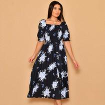 Vestido midi plissado crepinho lastex estampado manga curto 0074