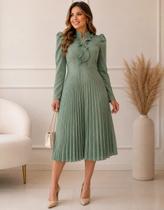 Vestido Midi Plissado Feminino Caimento Sofisticado Moda Evangélica Manga Longa Rosa Inverno Frio Cor:VerdeTamanho:M40)