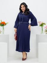 Vestido Midi Plissado Manga Flare Gola com Amarração Evangélico Social de Festa