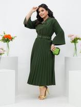 Vestido Midi Plissado Manga Flare Gola com Amarração Evangélico Social de Festa