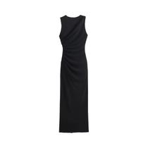 Vestido Midi Plissado Sem Mangas Com Decote Redondo Para Mulheres, Elegante E Sexy, Com Zíper Nas
