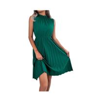 Vestido Midi Plissado Sem Mangas Para Mulheres, Primavera Verão, Com Babados, Comprimento Até O Vestido Midi Plissado Sem Mangas Para Mulheres, Primavera Verão, Com Babados, Comprimento Até O