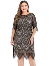 Vestido Midi Plus Size 6XL - Renda Floral, Decote O Pescoço, Meia Manga