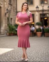Vestido Midi Plus Size Babado Liso Moda Evangélica Feminina