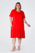 Vestido Midi Plus Size Barra com Babado Manga Franzida Vermelho Camila Vestido Midi Plus Size Barra com Babado Manga Franzida Vermelho Camila