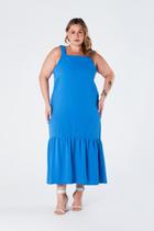 Vestido Midi Plus Size com Alça Larga e Barra com Babado Azul Paola