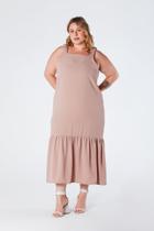 Vestido Midi Plus Size com Alça Larga e Barra com Babado Bege Paola