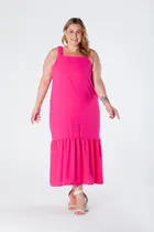 Vestido Midi Plus Size com Alça Larga e Barra com Babado Pink Paola Vestido Midi Plus Size com Alça Larga e Barra com Babado Pink Paola