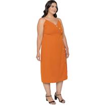 Vestido Midi Plus Size com Alça Regulável e Botões, decote em V e Fenda