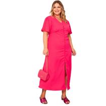 Vestido midi plus size feminino botões liso com fenda frontal com forro elegante
