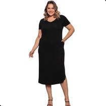 Vestido Midi Plus Size Saruel Com Bolsos Básico Fenda