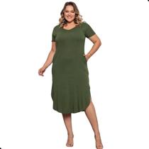 Vestido Midi Plus Size Saruel Com Bolsos Básico Fenda