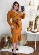 Vestido Midi Plus Size Viés Transpassado Manga Longa