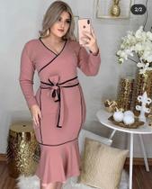 Vestido Midi Plus Size Viés Transpassado Manga Longa