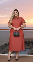 Vestido Midi, Plus, Viscojeans, Terracota, Manga Sino, Amarração Decote, Lastex Cintura, Bolsos, Rosarrara BM1336T