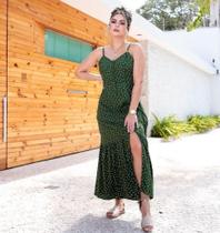 Vestido midi poá diversos feminino alça fina regulagem botões frontal blogueira