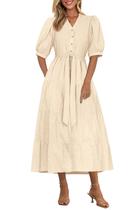 Vestido midi PRETTYGARDEN 2025 com decote em V e manga curta com bolsos