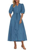 Vestido midi PRETTYGARDEN 2025 com decote em V e manga curta com bolsos