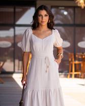 Vestido Midi Queila em Linho com Manga Bufante, Babado e Fendas Laterais - Monami - Off White / Verde Água